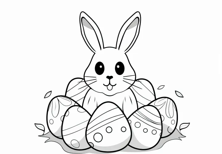 Lapin de Pâques parmi les œufs de Pâques : Simple coloriage pour enfants (Gratuit)