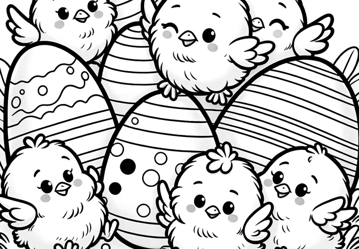 Fluffy chicks among colorful Easter eggs: Free coloring picture