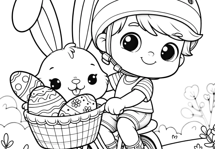 Child with a bike and Easter bunny in the Easter basket: Coloring picture for children (Free)