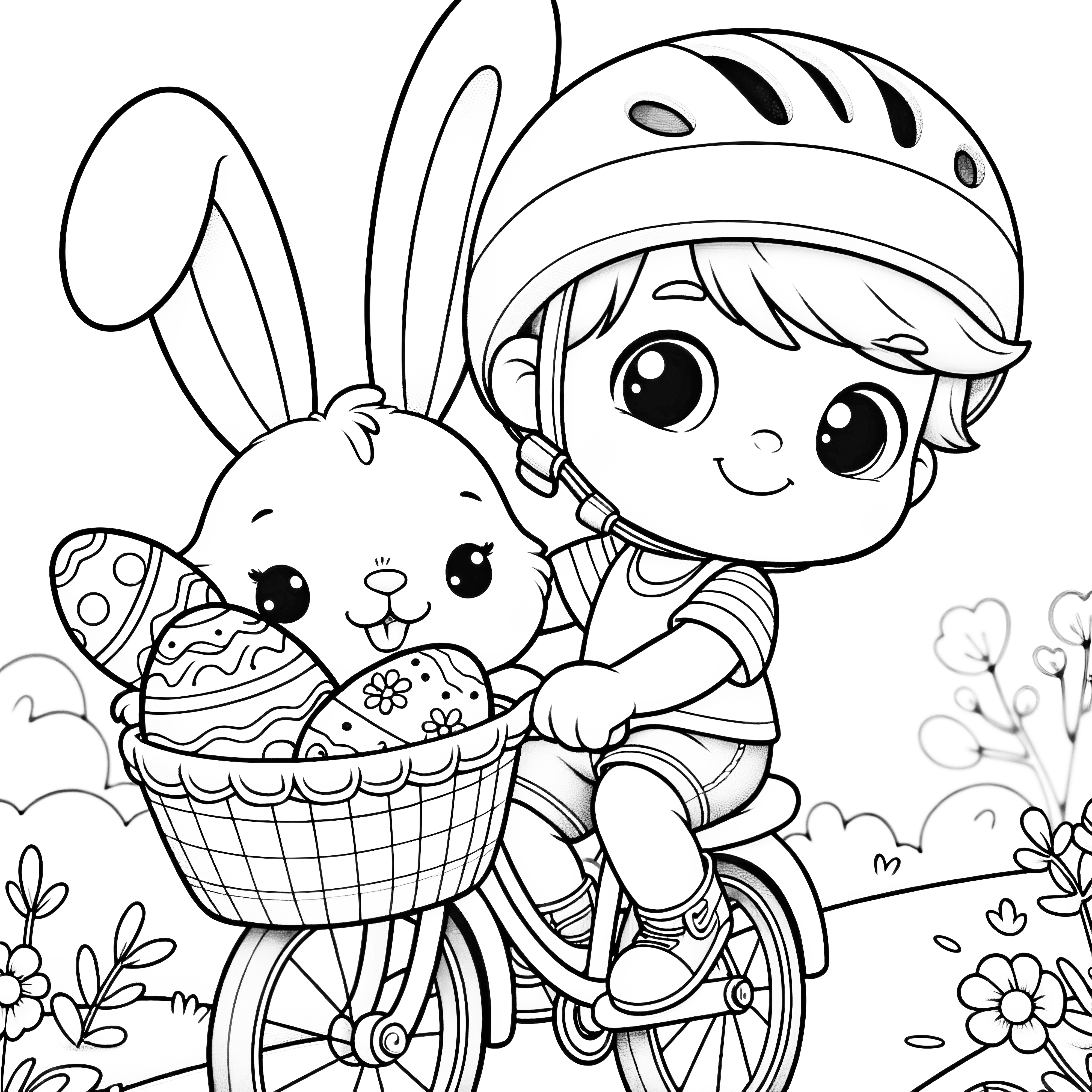 Enfant avec un vélo et un lapin de Pâques dans un panier de Pâques : coloriage pour enfants (gratuit)