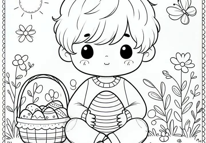 Child with Easter egg and Easter basket in a meadow: coloring page (Free)