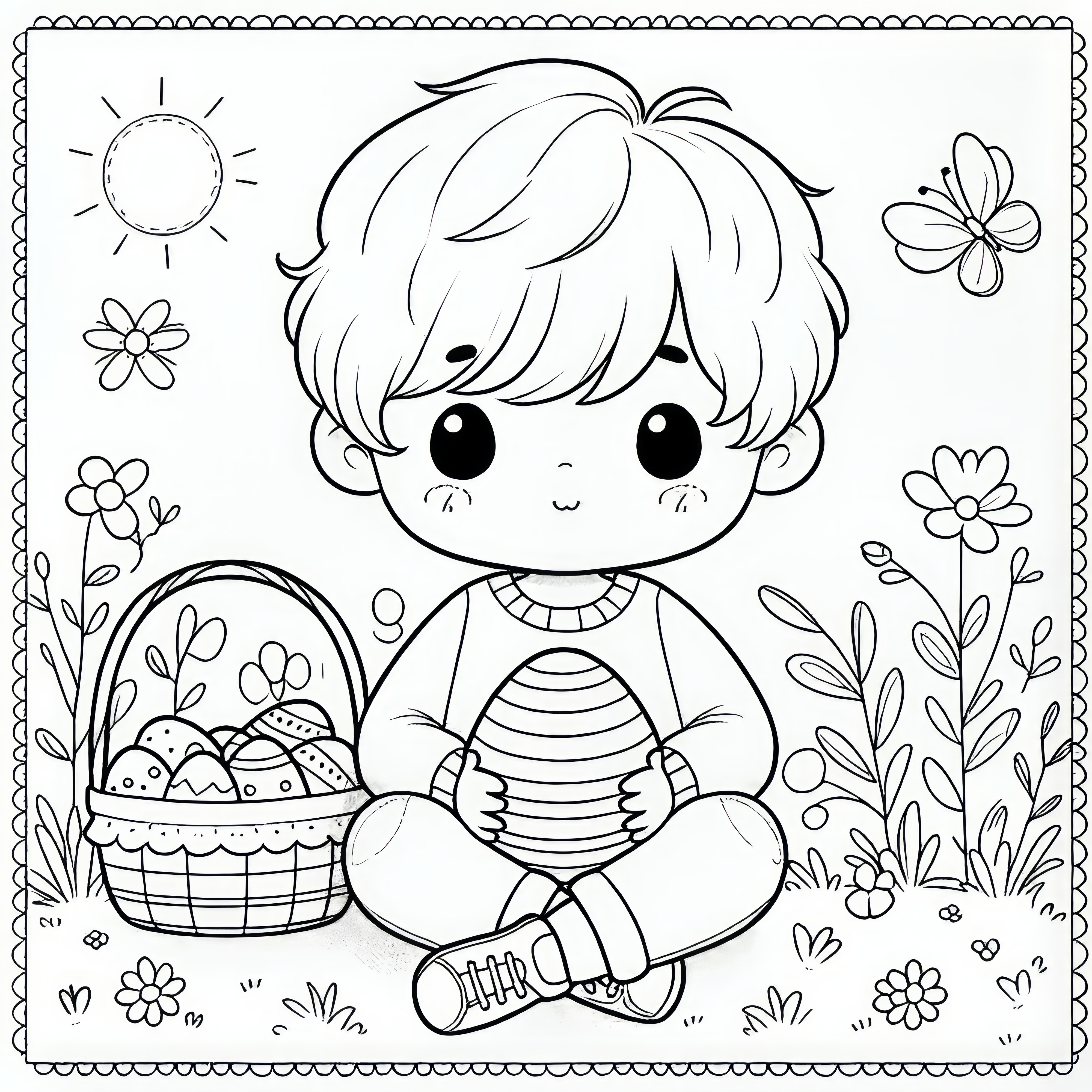 Enfant avec œuf de Pâques et panier de Pâques dans un pré : coloriage (gratuit)