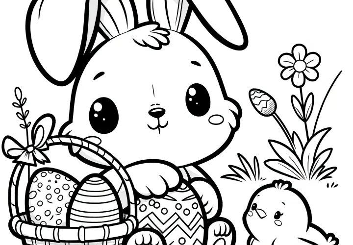 Cute Easter bunny with Easter basket and chick: Free coloring page