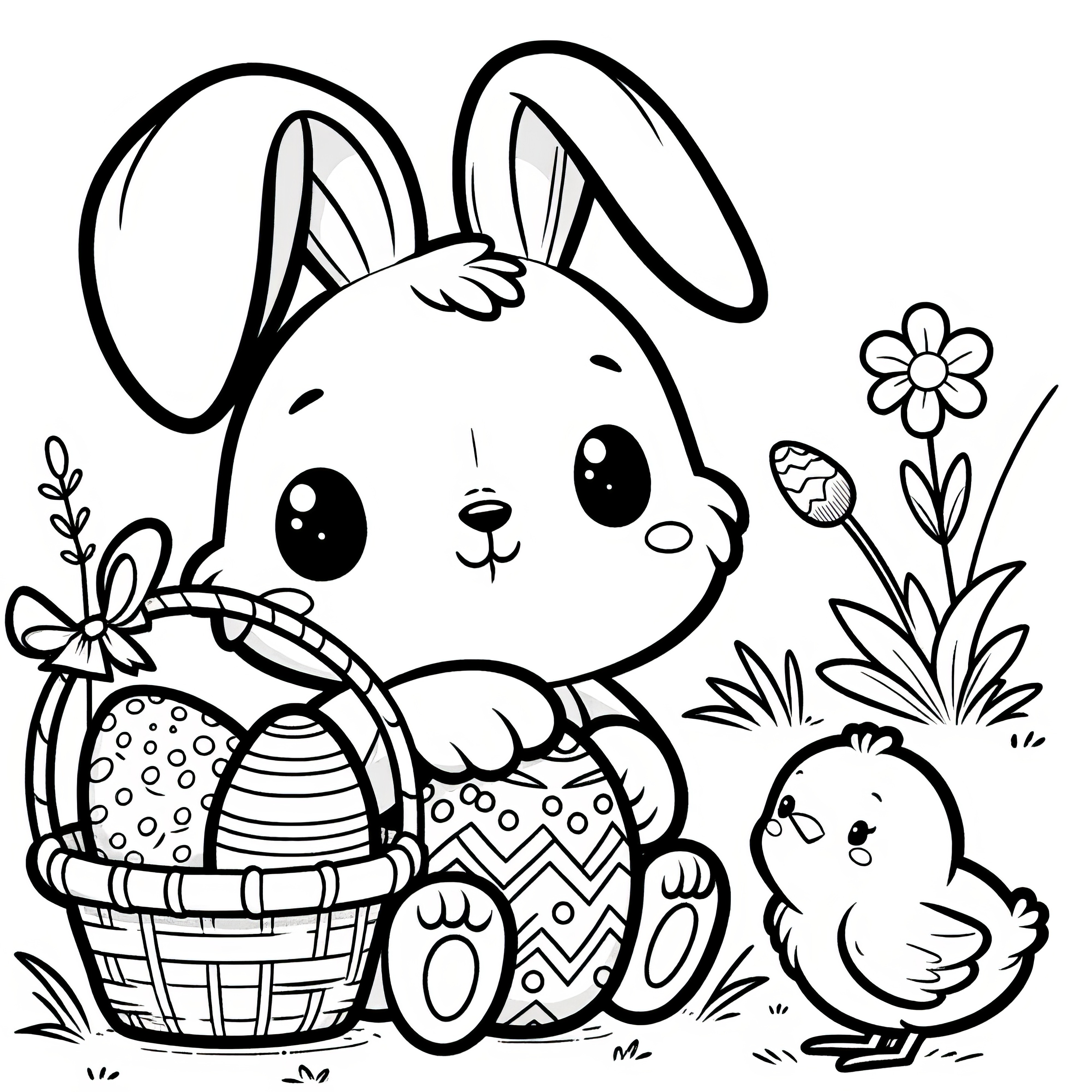 Adorable lapin de Pâques avec panier et poussin : Page à colorier gratuite