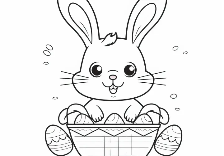 Easter bunny fills Easter basket with Easter eggs: Simple coloring picture for download (Free)