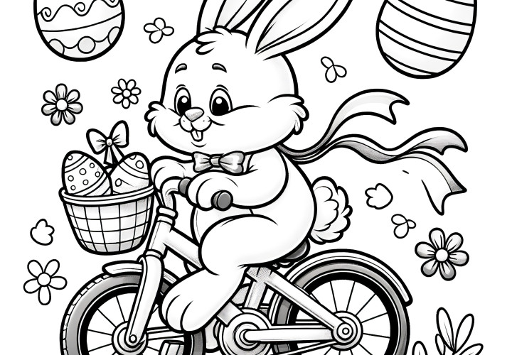 Lapin de Pâques avec un vélo et un panier plein d'œufs de Pâques : Coloriage (Gratuit)