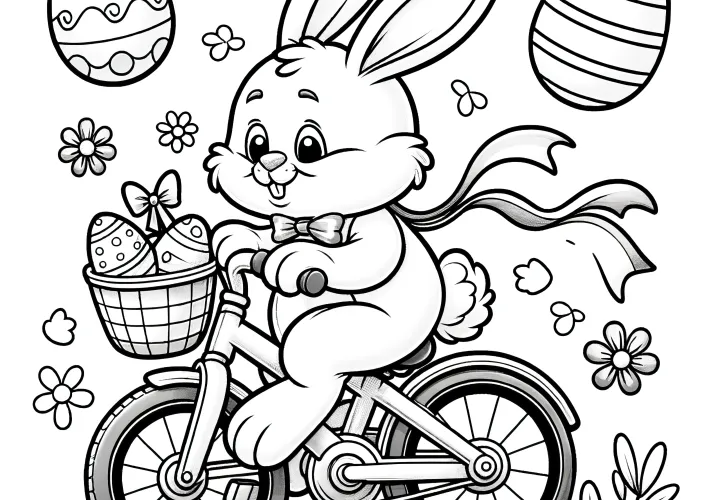 Easter bunny with bicycle and Easter basket full of Easter eggs: coloring page (free)