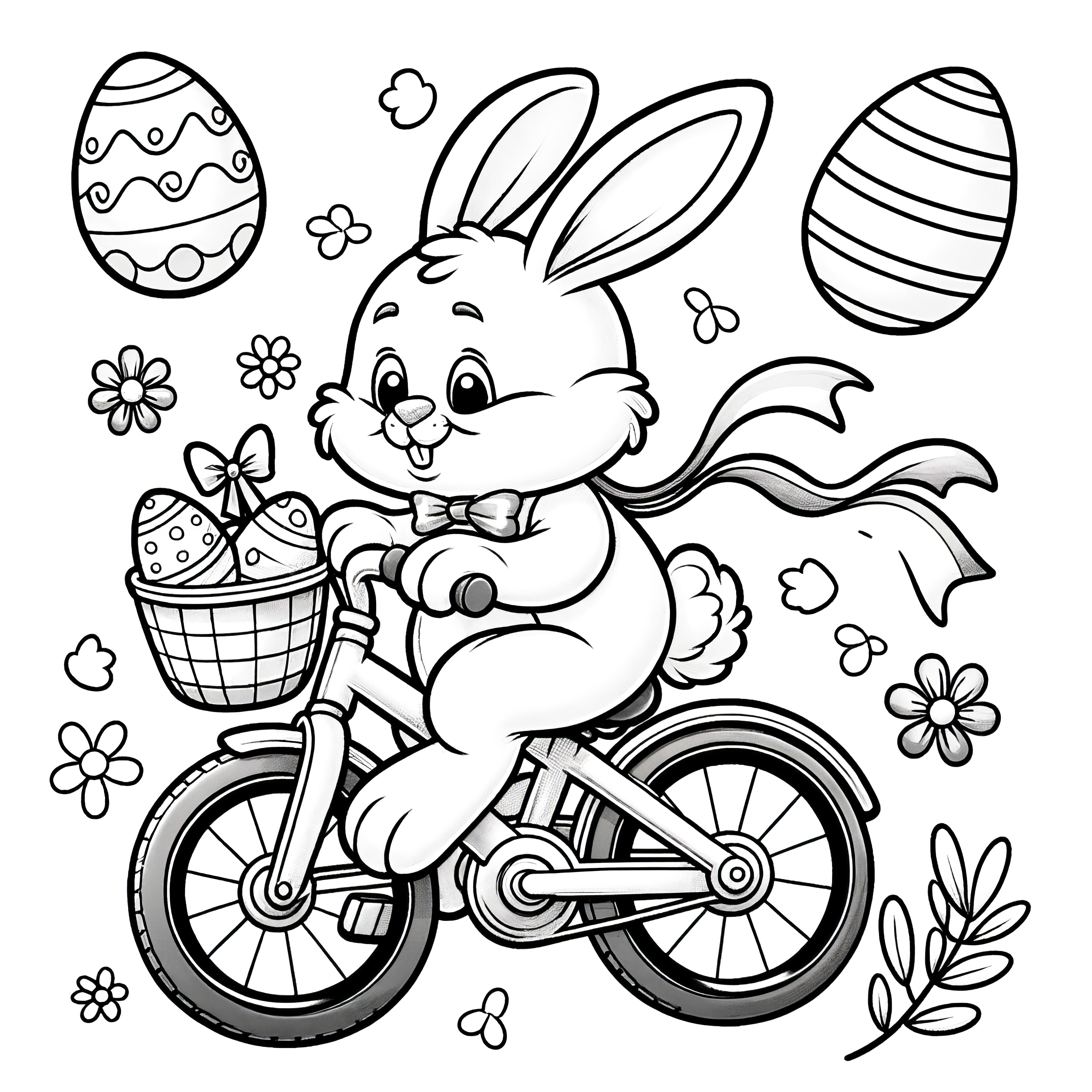 Lapin de Pâques avec un vélo et un panier rempli d'œufs de Pâques : coloriage (Gratuit)