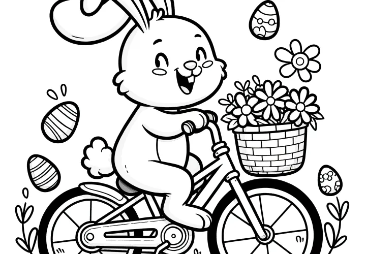 Happy Easter bunny on a bike with Easter basket: Free coloring picture