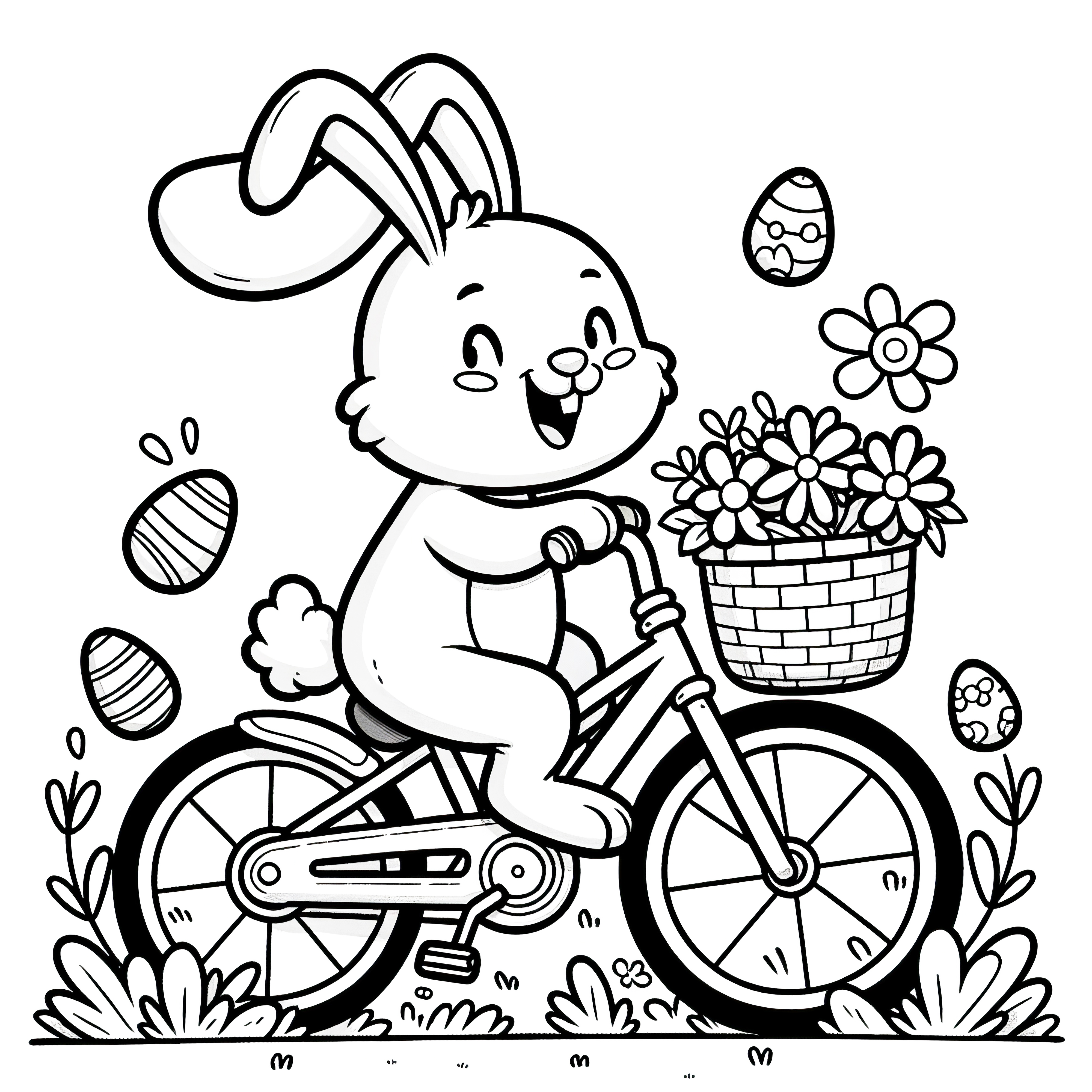 Joyeux lapin de Pâques à vélo avec un panier de Pâques : Image à colorier gratuite