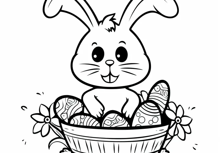 Lapin de Pâques dans un panier de Pâques : ton image à colorier à télécharger gratuitement