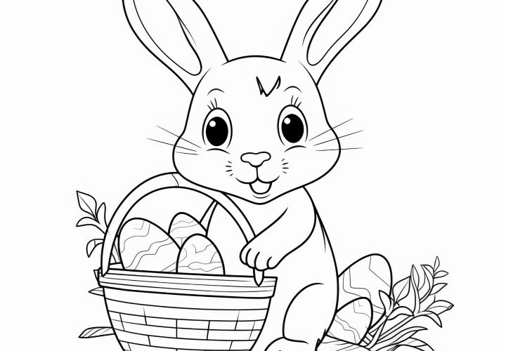 Mignon lapin de Pâques avec un panier de Pâques : coloriage pour enfants (gratuit)