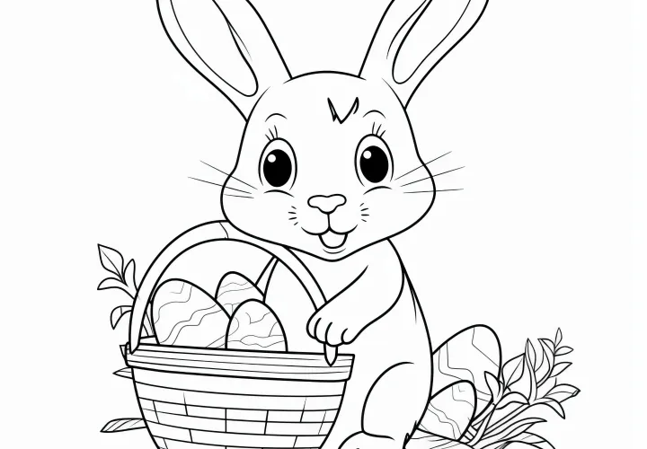 Cute Easter bunny with Easter basket: Coloring picture for children (free)