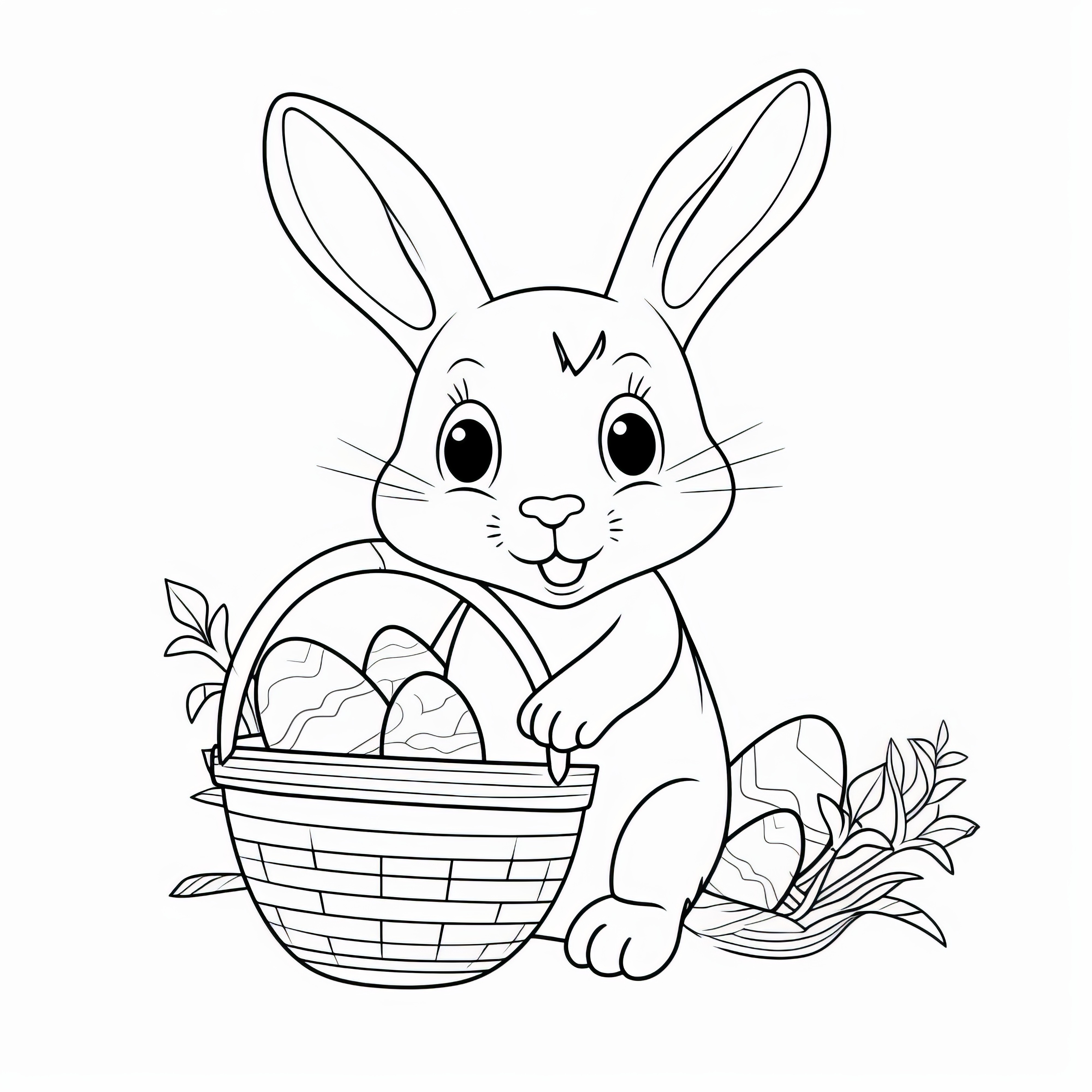 Mignon lapin de Pâques avec panier de Pâques : Coloriage pour enfants (gratuit)