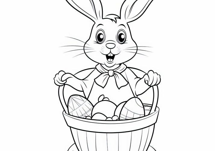 Lapin de Pâques riant avec un panier de Pâques : Modèle de coloriage facile pour enfants (Gratuit)