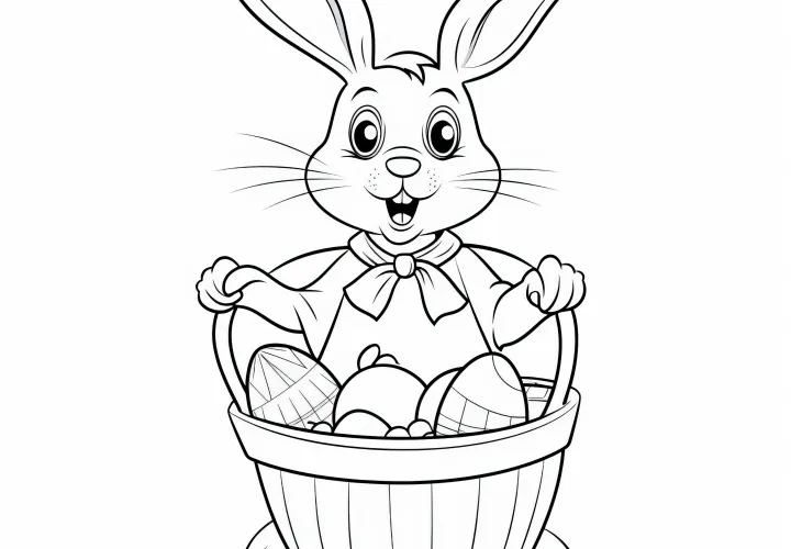 Lapin de Pâques riant avec un panier de Pâques : Modèle de coloriage facile pour enfants (Gratuit)