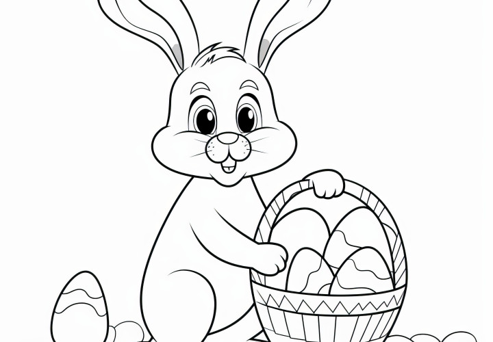 Un lapin de Pâques amical avec un panier de Pâques : Image simple à colorier (gratuite)