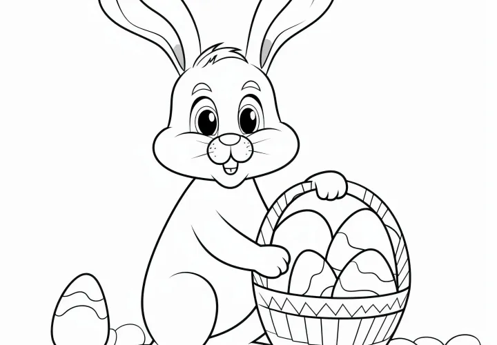 Friendly Easter Bunny with Easter basket: Simple coloring picture (Free)