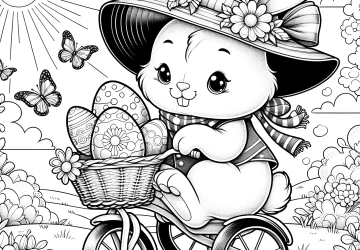 Dame lapin de Pâques à vélo avec panier de Pâques : Joli coloriage à télécharger (Gratuit)