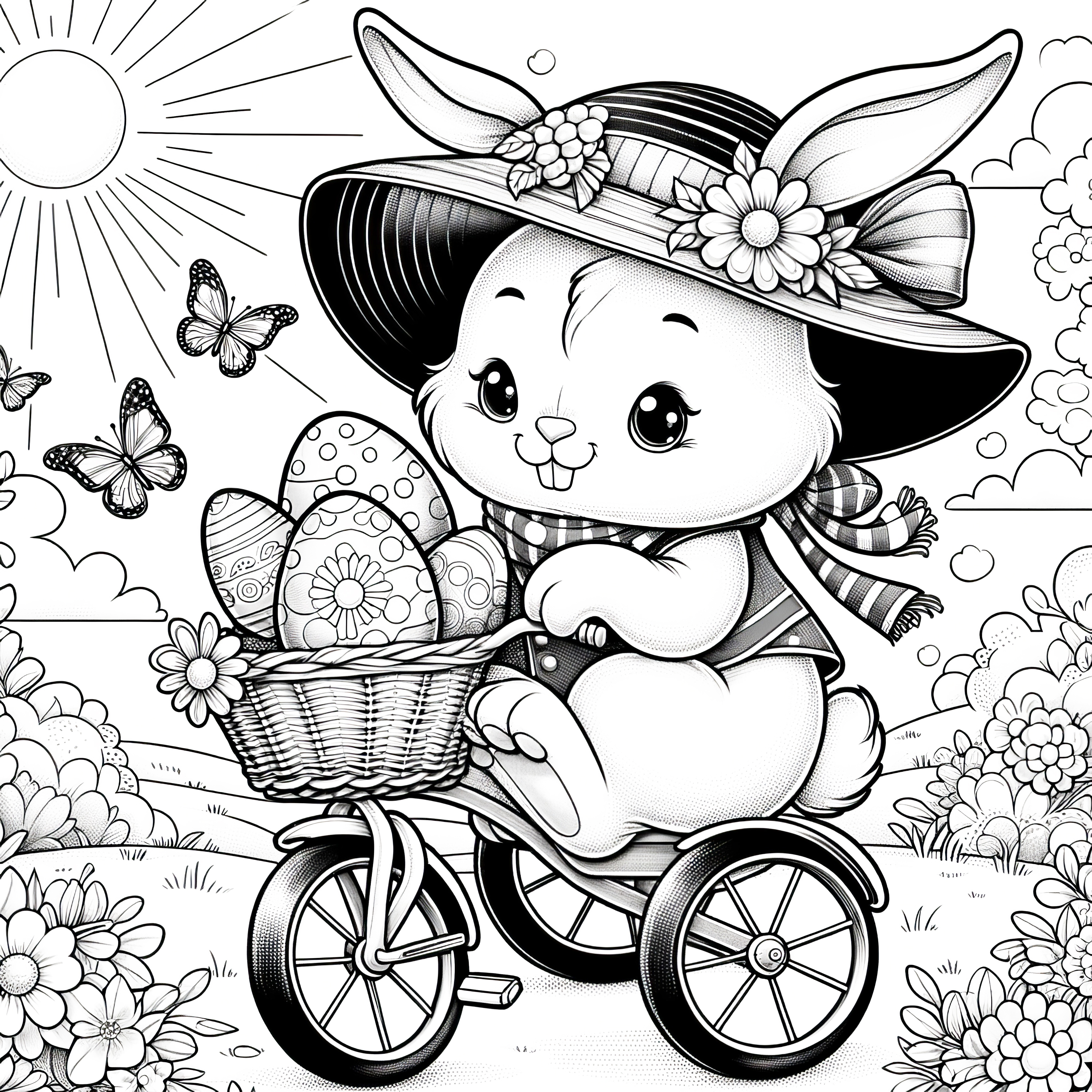 Dame lapin de Pâques à vélo avec un panier de Pâques : Belle image à colorier à télécharger (Gratuit)