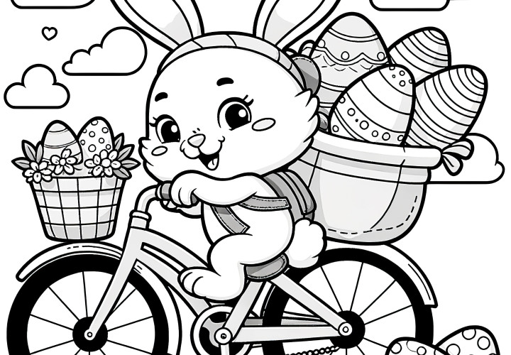 Mignon lapin de Pâques avec paniers de Pâques sur un vélo : Téléchargez gratuitement une image à colorier