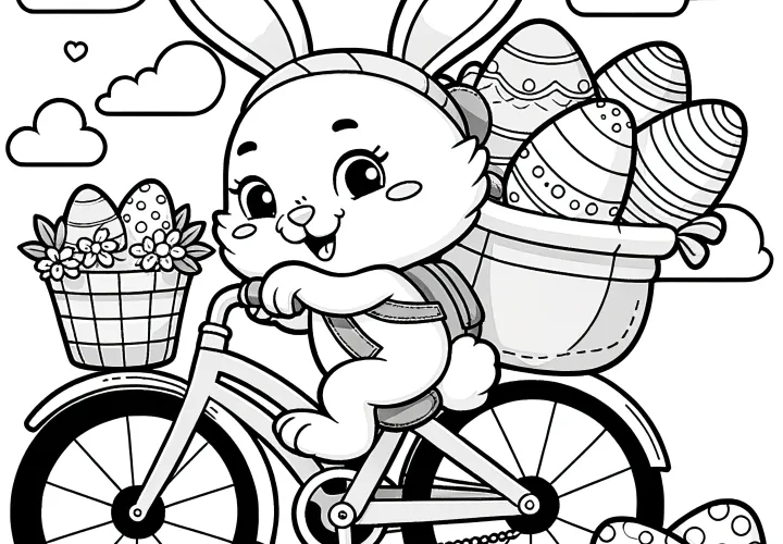 Cute Easter bunny with Easter baskets on a bicycle: Download coloring picture for free