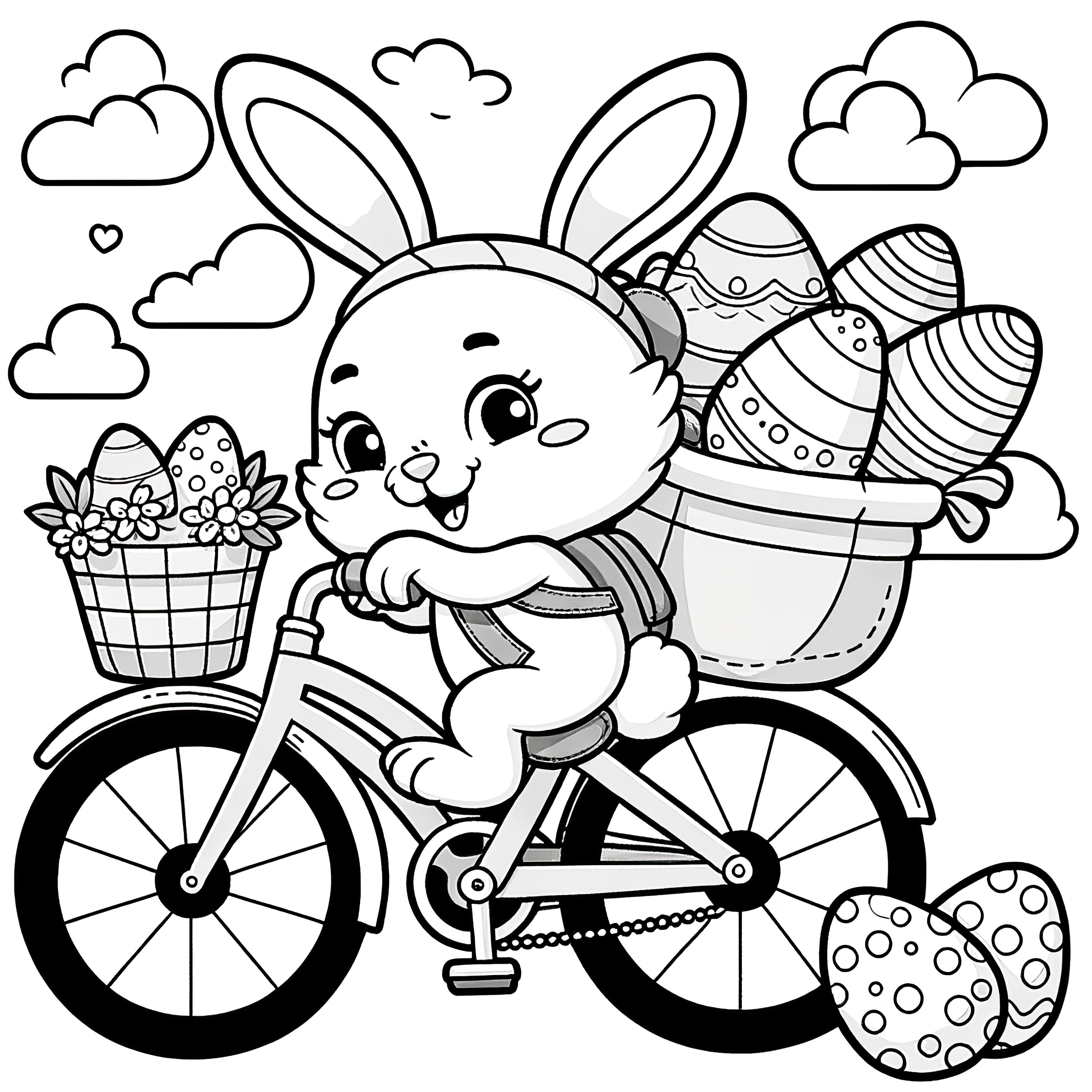 Jolie lapin de Pâques avec des paniers de Pâques sur un vélo: Téléchargez gratuitement une image à colorier