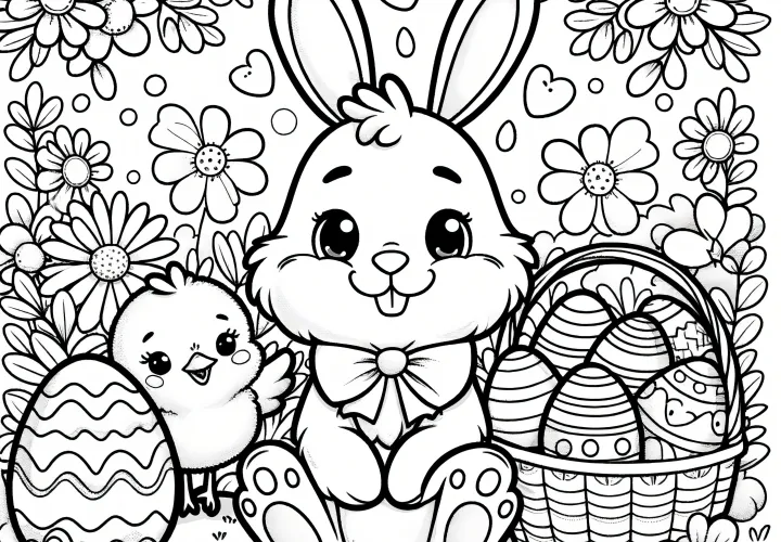 Panier de Pâques avec lapin de Pâques, poussins, œufs de Pâques et de nombreuses fleurs : Coloriage (Gratuit)