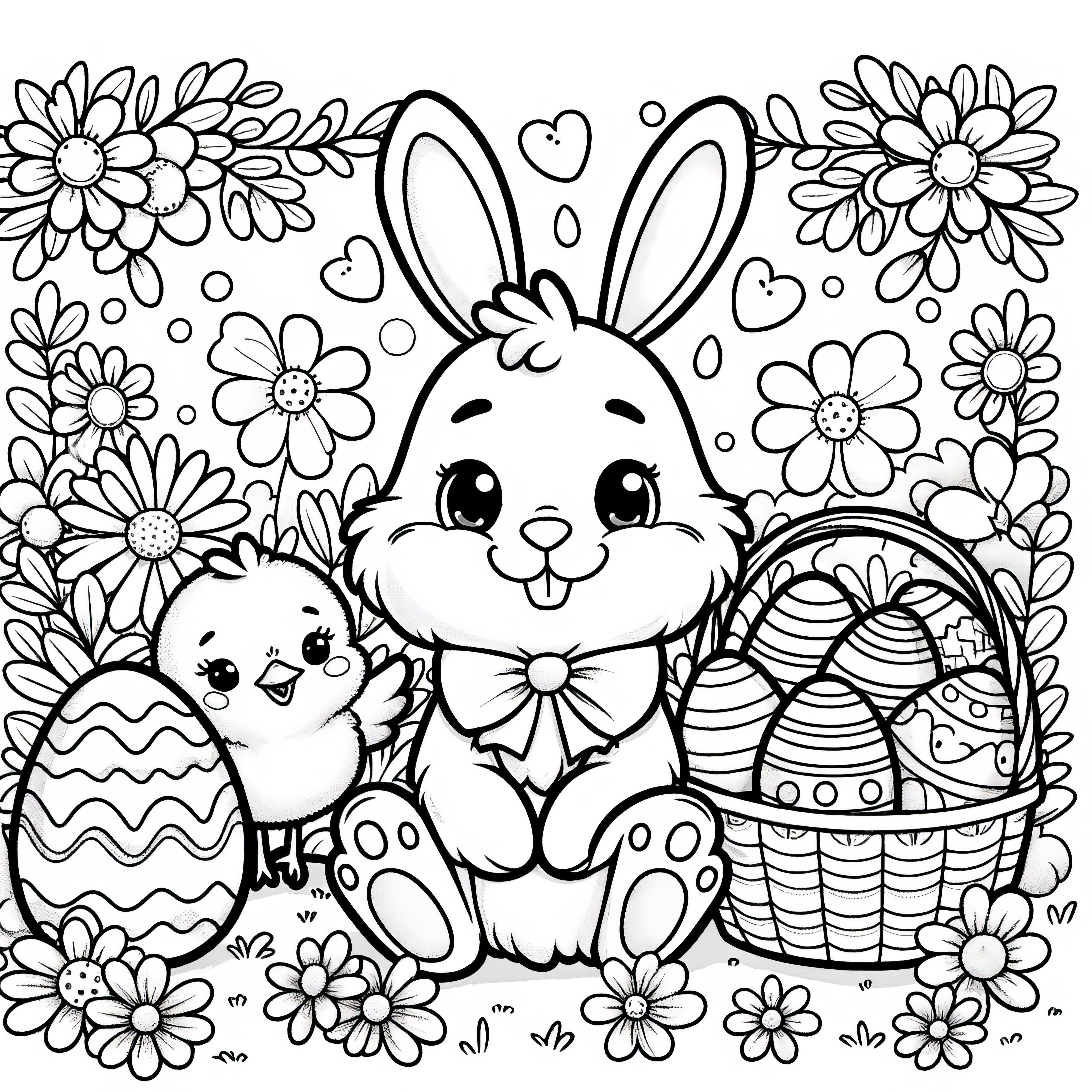 Panier de Pâques avec lapin, poussins, œufs de Pâques et de nombreuses fleurs : coloriage (gratuit)