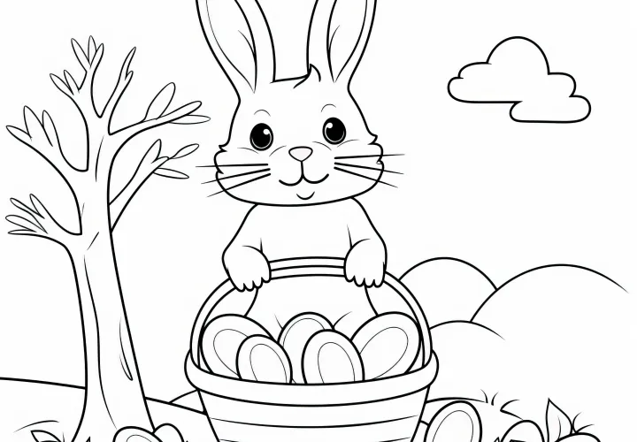 Easter basket and Easter bunny in natural landscape: Coloring picture (Free)