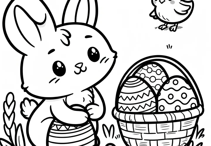 Petit lapin de Pâques avec un panier de Pâques, des œufs de Pâques et des poussins : Modèle de coloriage simple pour les enfants (gratuit)