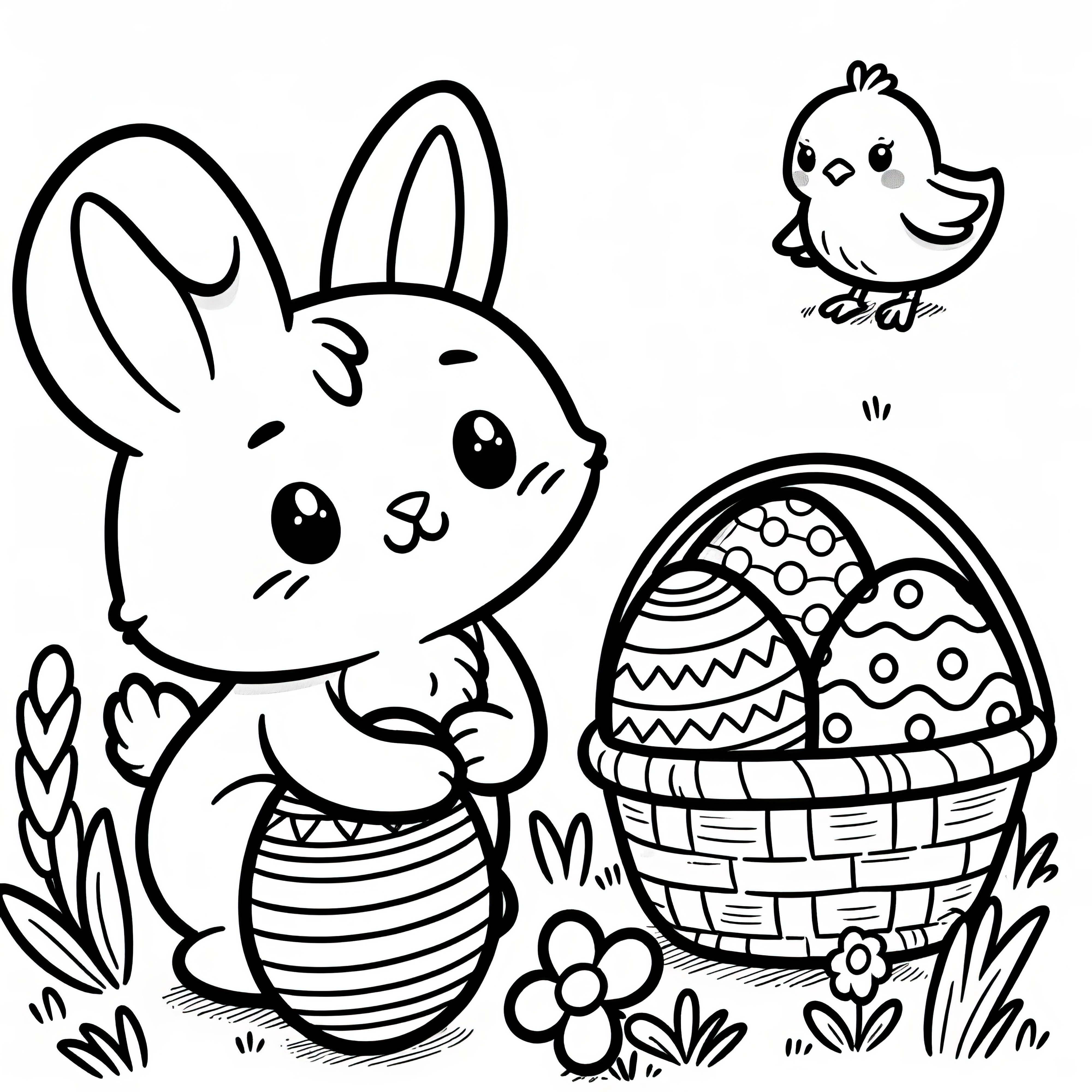 Petit lapin de Pâques avec un panier de Pâques, des œufs de Pâques et un poussin : Modèle de coloriage simple pour enfants (Gratuit)