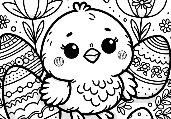 Un poussin de Pâques duveteux avec des œufs de Pâques et des fleurs : coloriage pour enfants (gratuit)