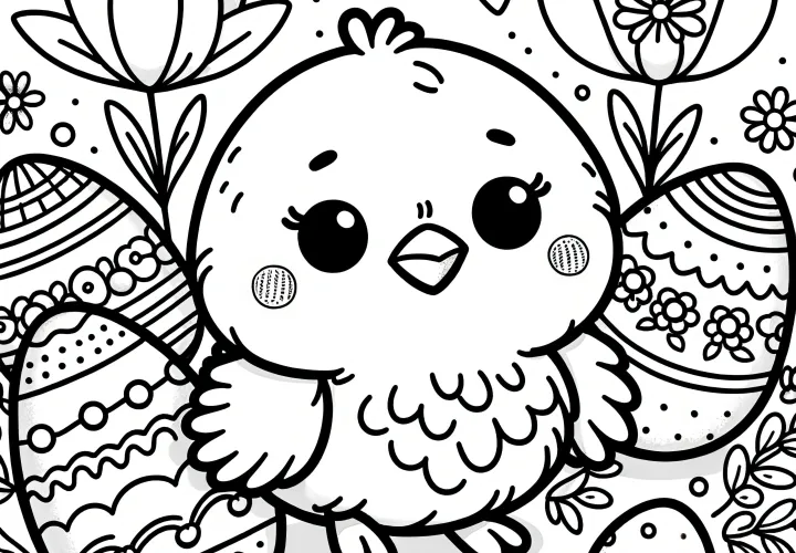 Fluffy Easter chick with Easter eggs and flowers: Coloring page for children (Free)