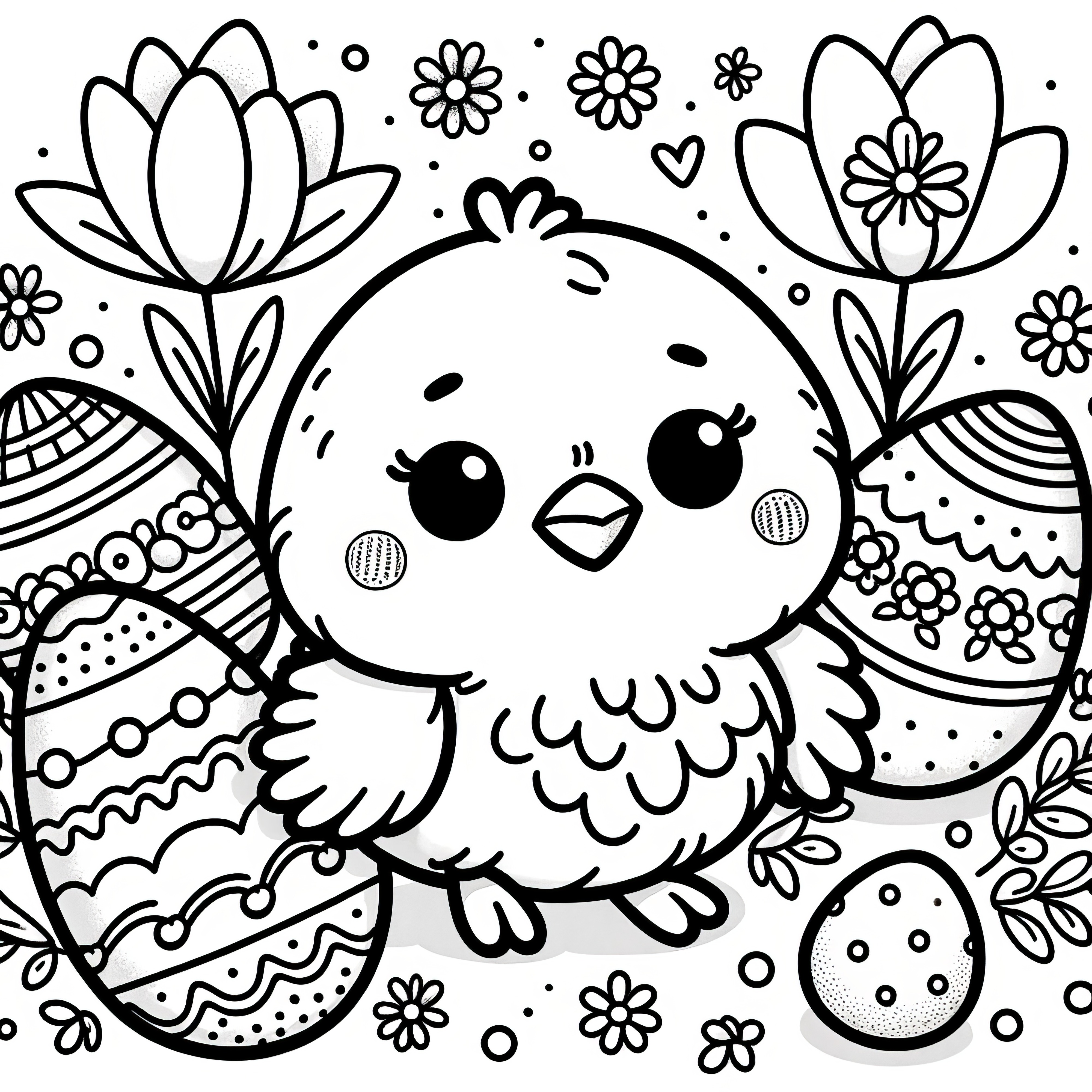 Mignon poussin de Pâques avec des œufs de Pâques et des fleurs : Coloriage pour enfants (Gratuit)