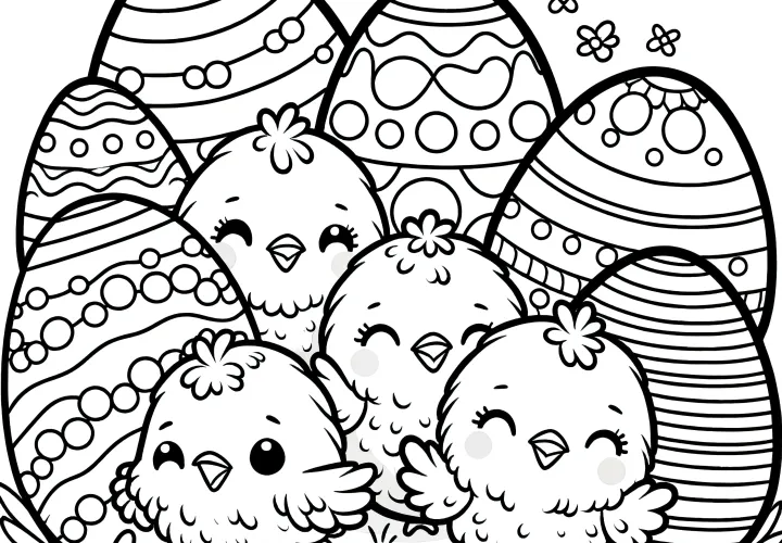 Happy Easter chicks and many Easter eggs: Download free coloring page