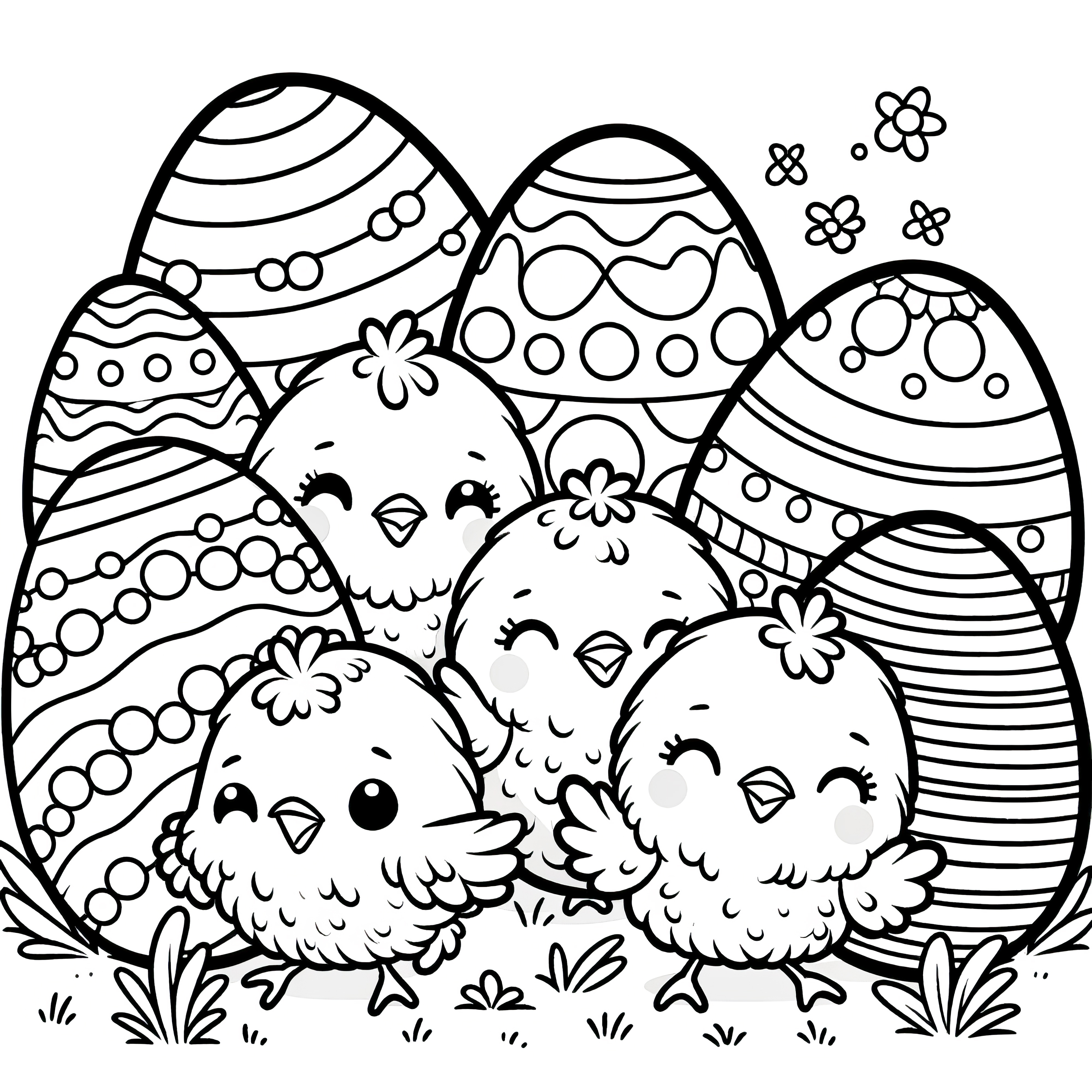 Poussins de Pâques joyeux et de nombreux œufs de Pâques : Téléchargez gratuitement la page de coloriage