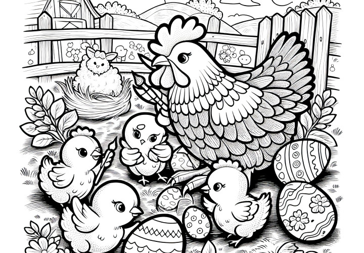 Poule et poussins de Pâques avec des œufs de Pâques à la ferme : Coloriage à télécharger (gratuit)