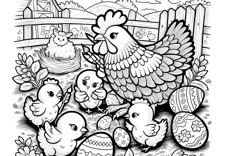 Hens and Easter chicks with Easter eggs on a farm: Coloring picture for download (free)