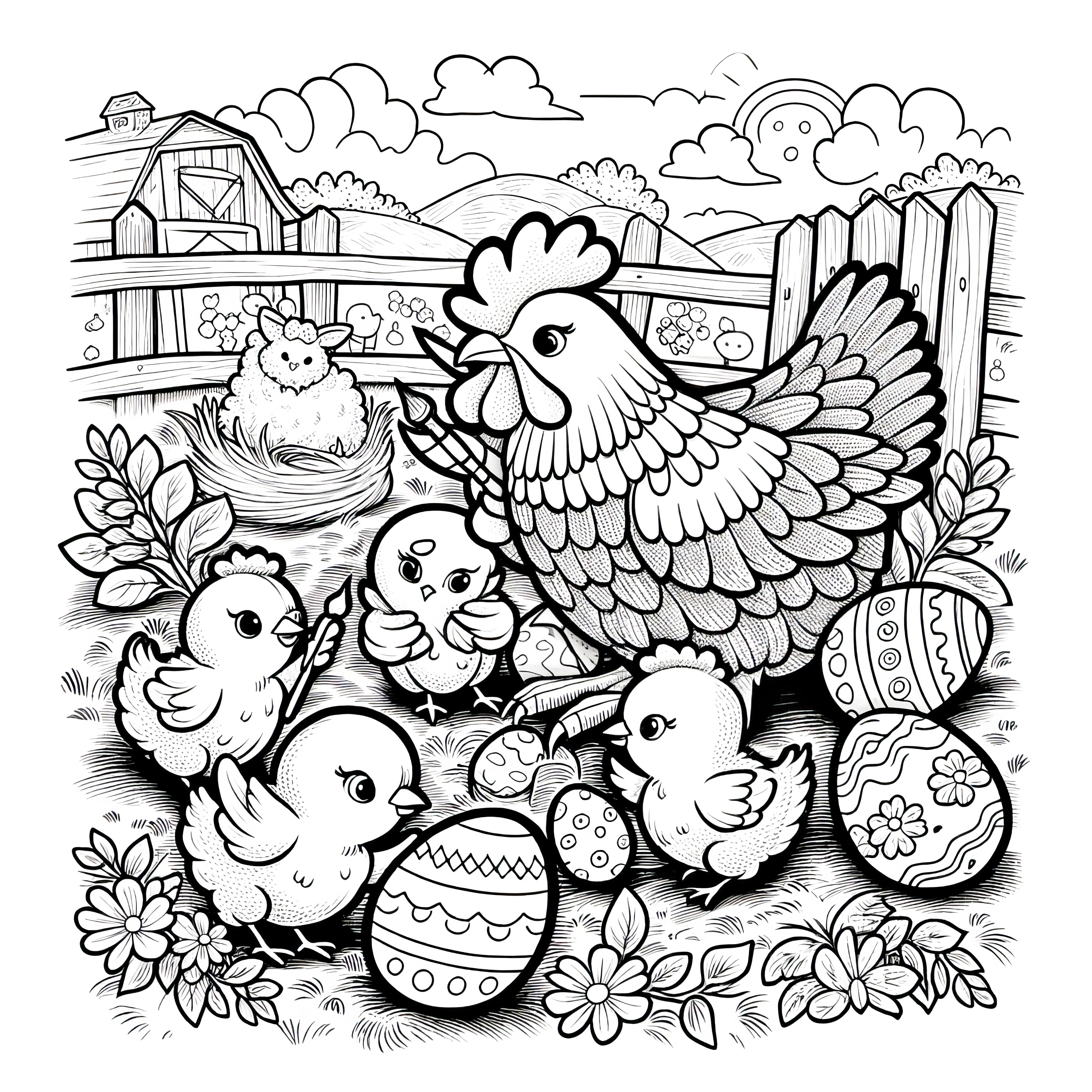 Poule et poussin de Pâques avec des œufs de Pâques à la ferme : image à colorier à télécharger (gratuitement)