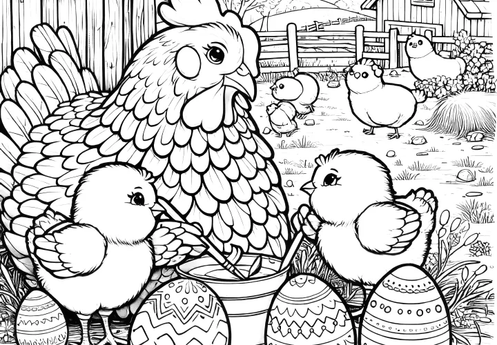 Hen, two chicks, and four Easter eggs on a farm: Beautiful coloring page (Free)