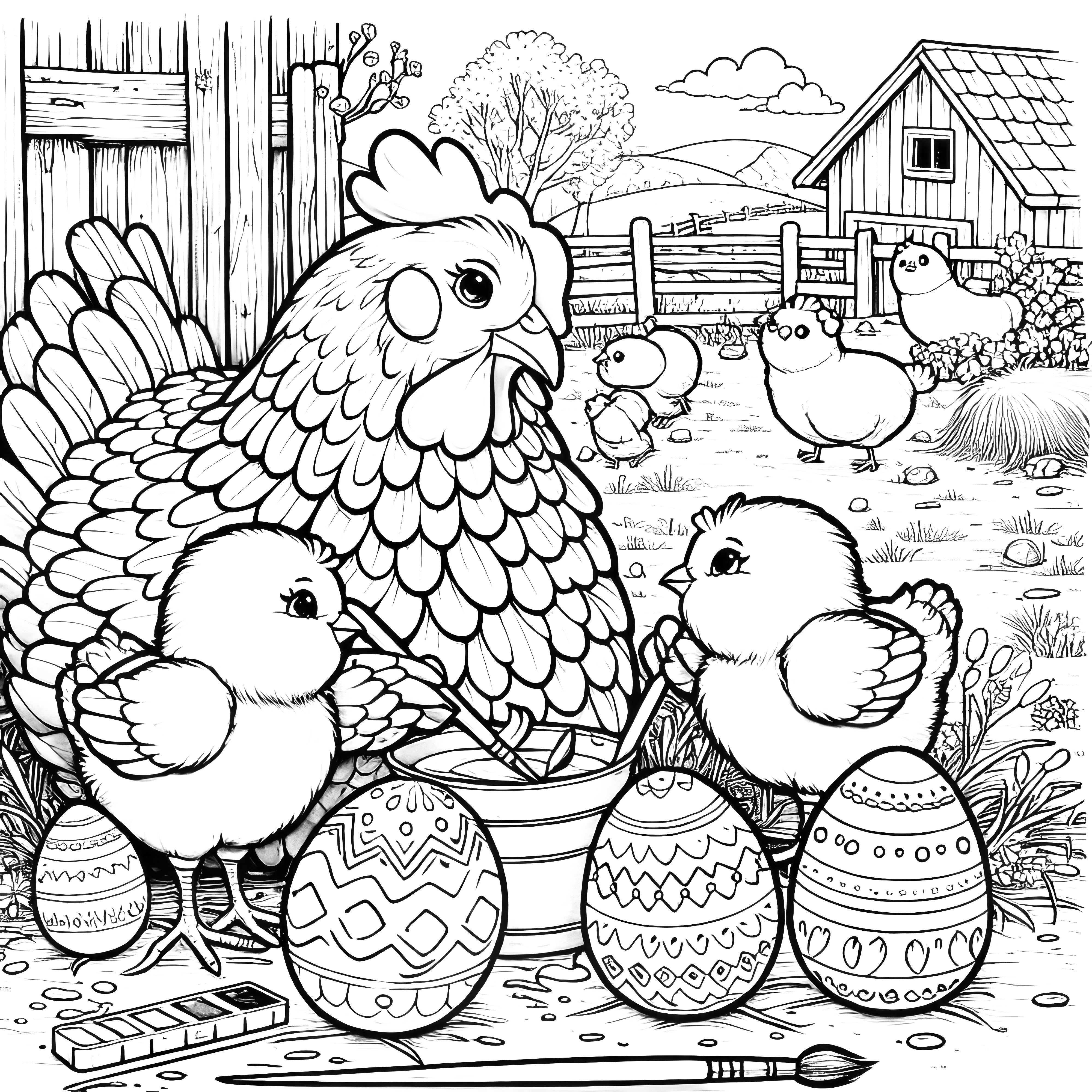 Poule, deux poussins et quatre œufs de Pâques à la ferme : Joli coloriage (Gratuit)