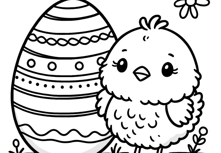 Poussin de Pâques avec un grand œuf de Pâques : Coloriage simple pour les enfants (Gratuit)