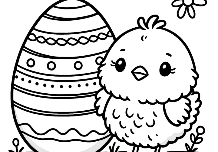 Easter chick with big Easter egg: Simple coloring picture for children (Free)