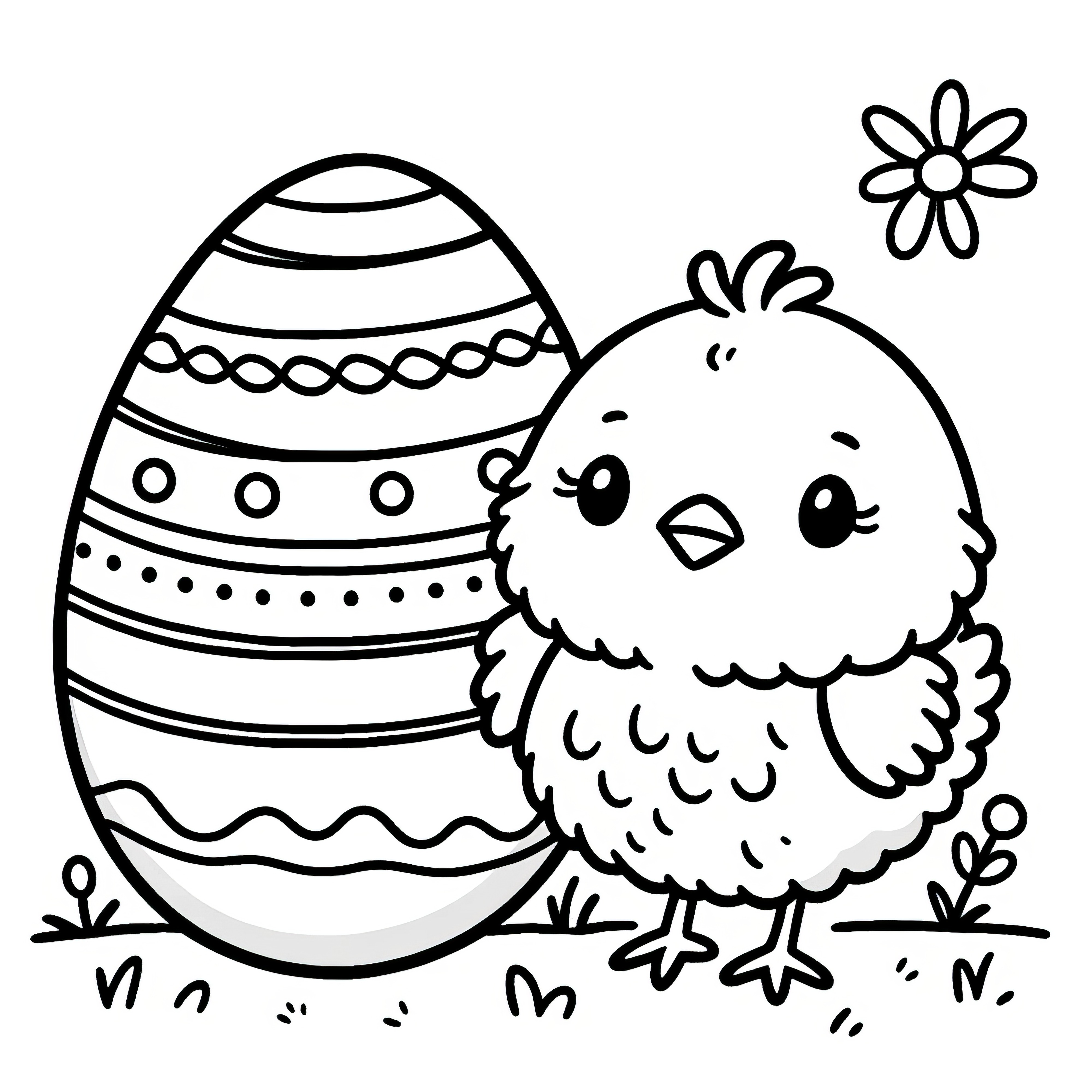 Poussin de Pâques avec un grand œuf de Pâques : Coloriage simple pour enfants (Gratuit)