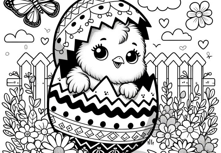 Un poussin de Pâques sort de l'œuf de Pâques dans le pré fleuri avec un papillon : coloriage (gratuit) 