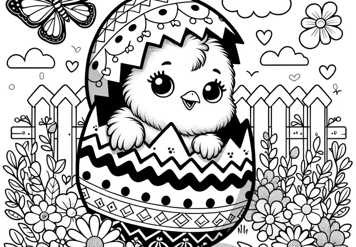 Easter chick hatches from Easter egg on flower meadow with butterfly: Coloring picture (Free)