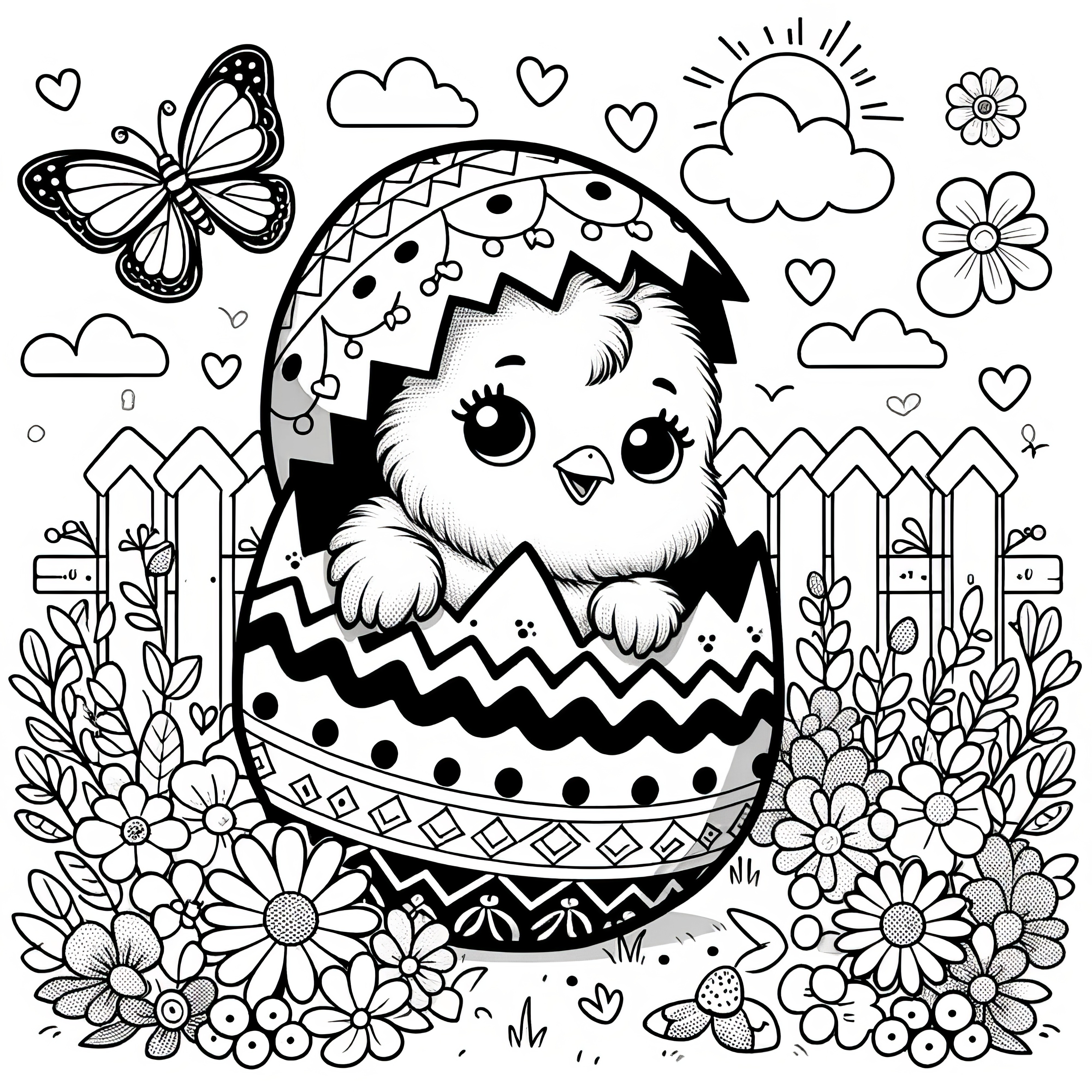 Un poussin de Pâques sort d'un œuf de Pâques sur un pré de fleurs avec un papillon : Coloriage (gratuit)