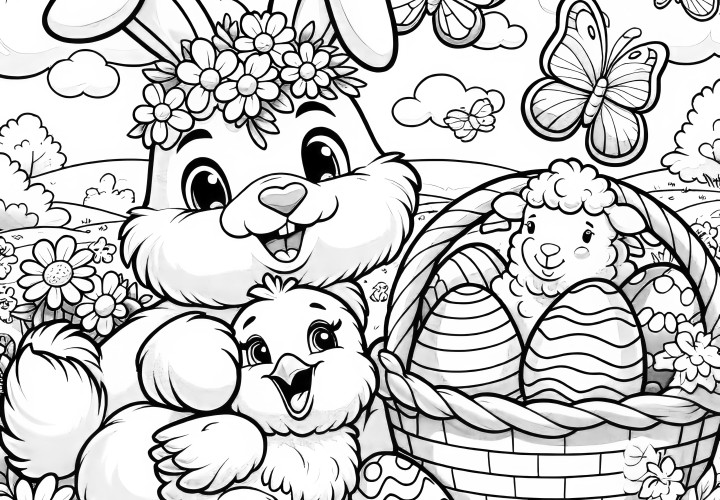 La lapine de Pâques câline le poussin de Pâques avec un panier de Pâques et un mouton: coloriage (Gratuit)