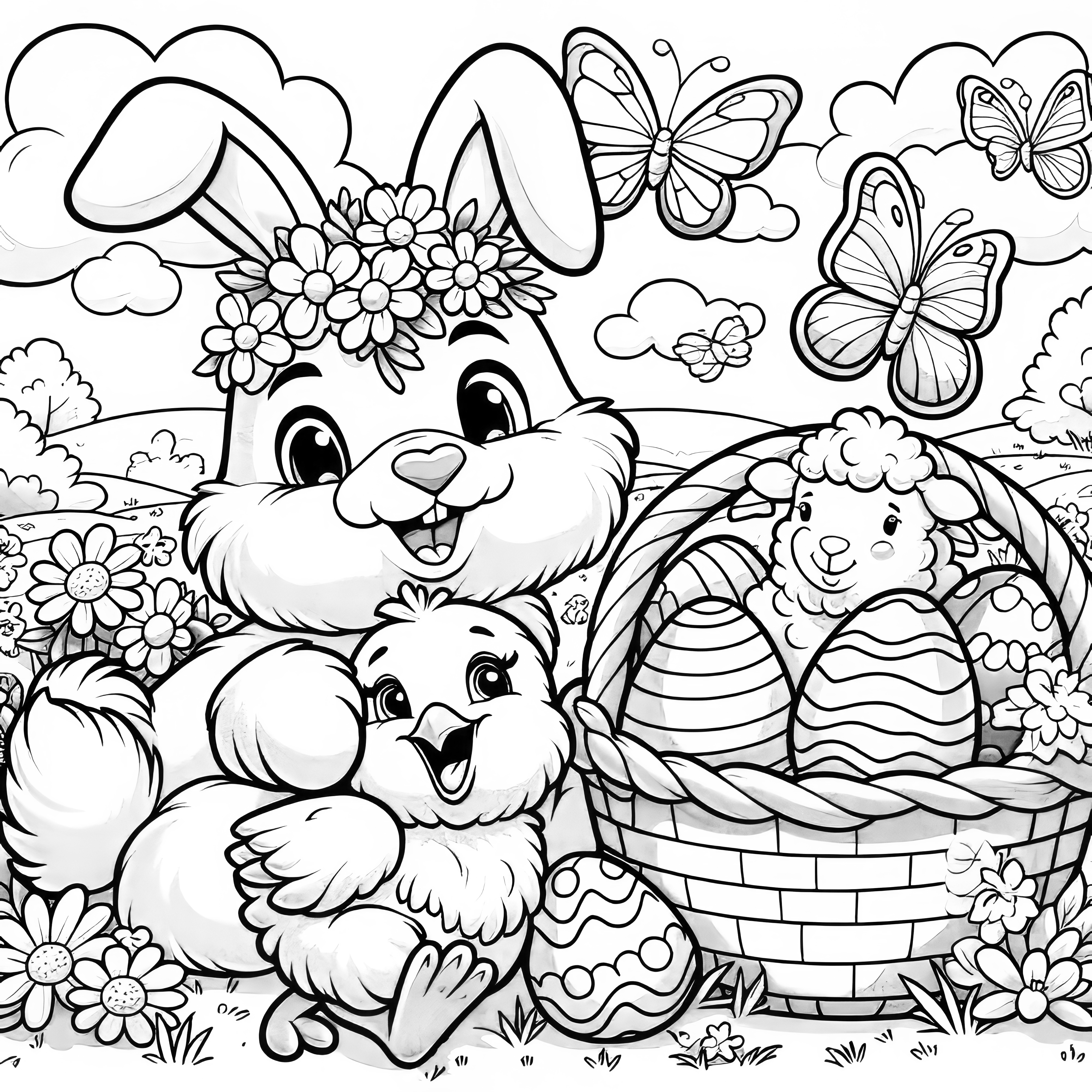 La lapine de Pâques embrasse le poussin de Pâques avec le panier de Pâques et le mouton : Coloriage (Gratuit)